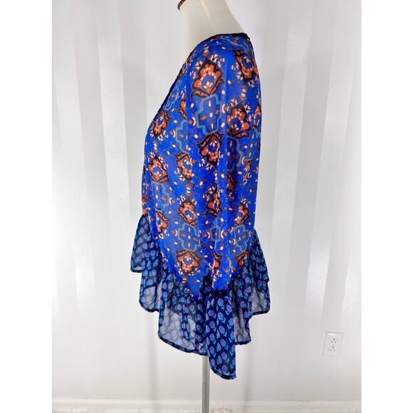 RED CAMEL Women’s Blue & Orange Pattern Sheer Top Sz M - Picture 3 of 9